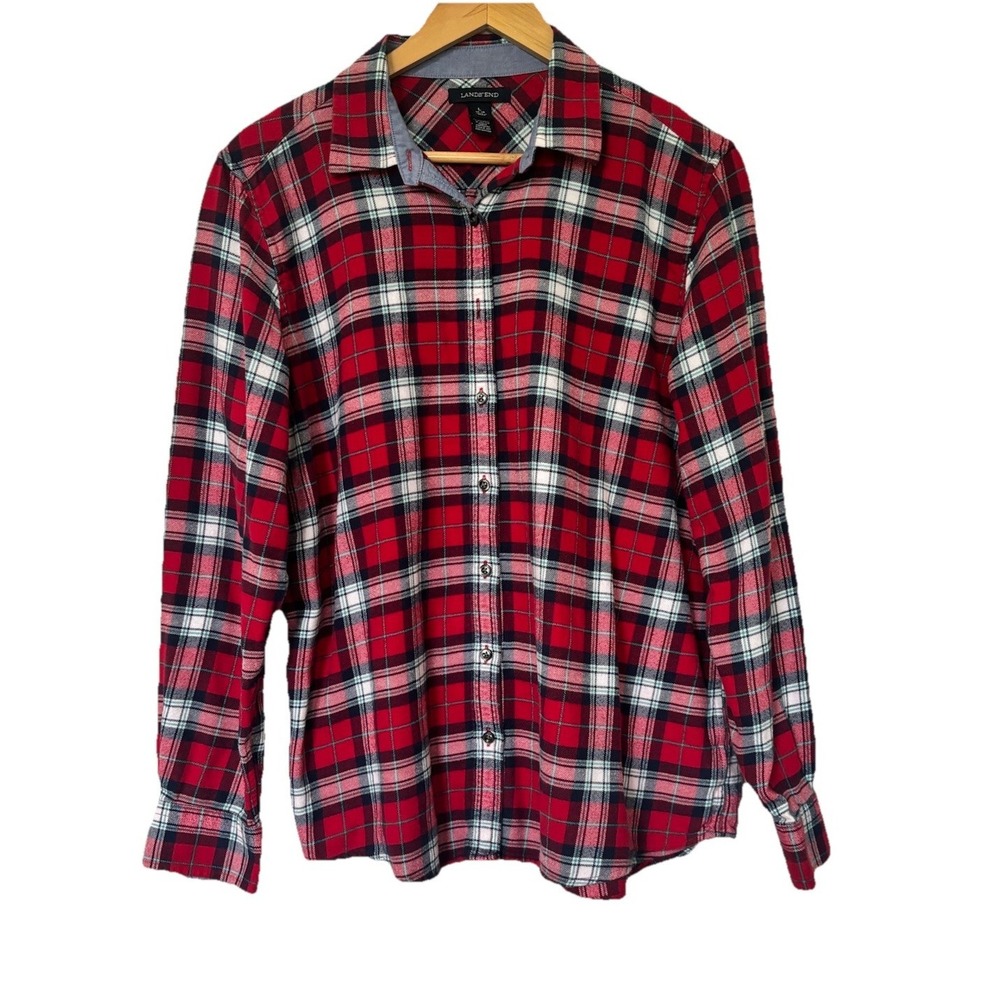 Lands' End Women's Red/Navy Plaid 100% Cotton Flannel Shirt Sz Large Fall